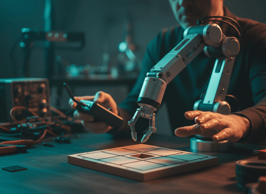 A maker at a workbench guiding a desktop robot arm over a three-by-three game board