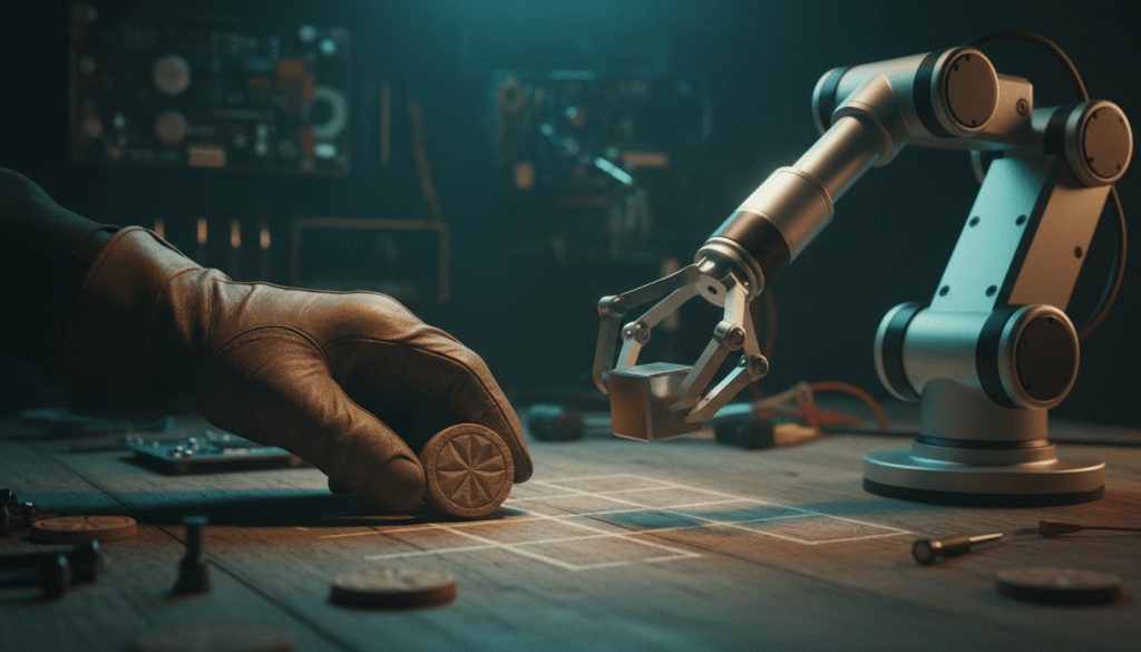 Human hand and a desktop robot arm placing pieces on a tic-tac-toe board