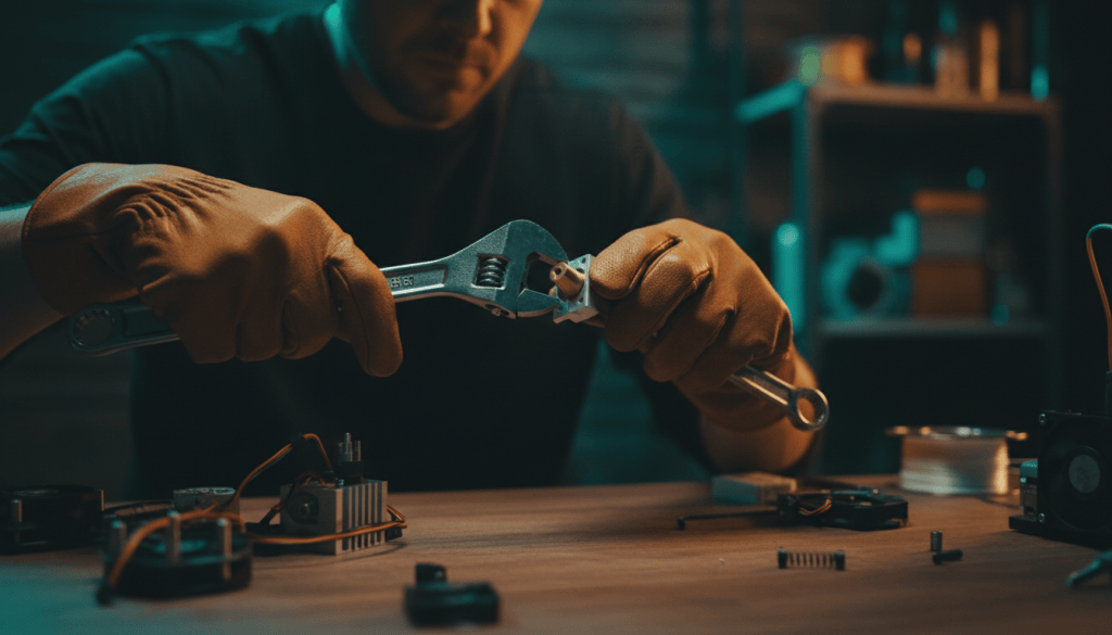 A maker carefully disassembling a 3D printer hot end on a workbench